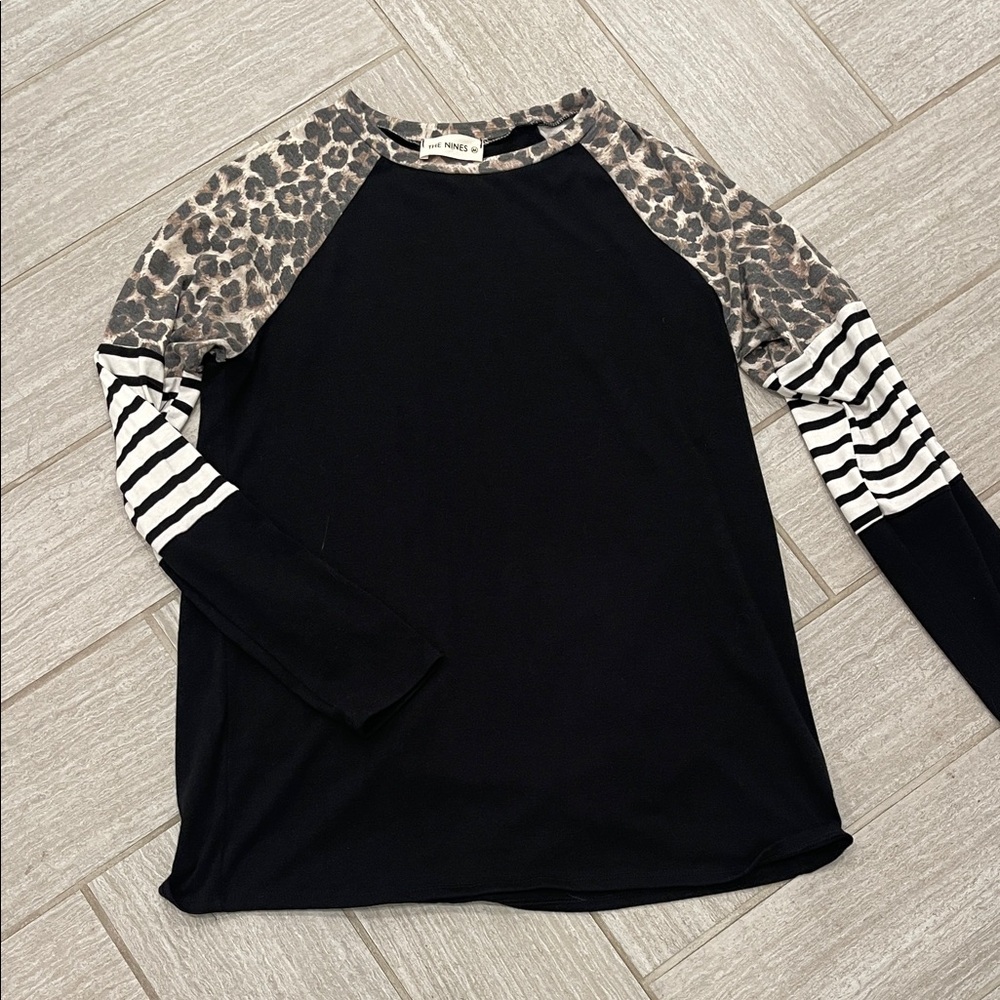 Leopard and Striped Sleeve Black Top